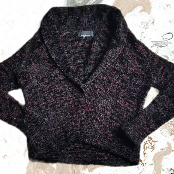 (2/$25) Jones NY variegated knit shiny black red streak cardigan (flawed) - Picture 1 of 10